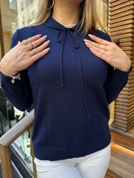 Pull en maille pour femme en gros - Détail cordon de serrage - Bleu marine - 32952 | REEL TRİKO - Thumbnail