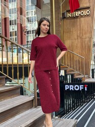 Pull en maille pour femme, bordeaux pailleté, vente en gros - 32059 | REEL TRİKO - Thumbnail