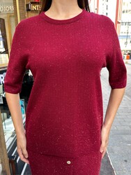 Pull en maille pour femme, bordeaux pailleté, vente en gros - 32059 | REEL TRİKO - Thumbnail