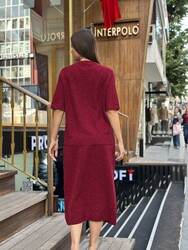 Pull en maille pour femme, bordeaux pailleté, vente en gros - 32059 | REEL TRİKO - Thumbnail