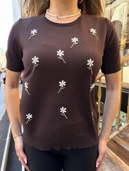 Pull en maille pour femme, broderie florale, marron foncé - 32848 | REEL TRİKO - Thumbnail