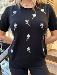 Pull en maille pour femme, broderie florale, noir - 32848 | REEL TRİKO - Thumbnail