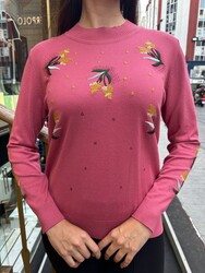Pull en maille pour femme avec broderie florale, rose - 31944 | REEL TRİKO - Thumbnail