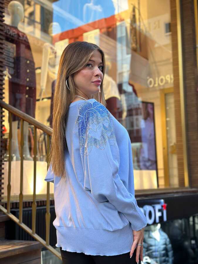 Pull en maille pour femme en gros - Orné de pierres - Bleu - 31518 | REEL TRİKO - 4