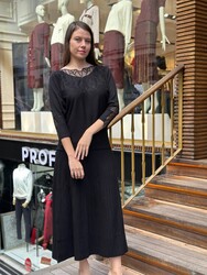 Pull en maille pour femme en gros - Orné de pierres - Noir - 32988 | REEL TRİKO - Thumbnail