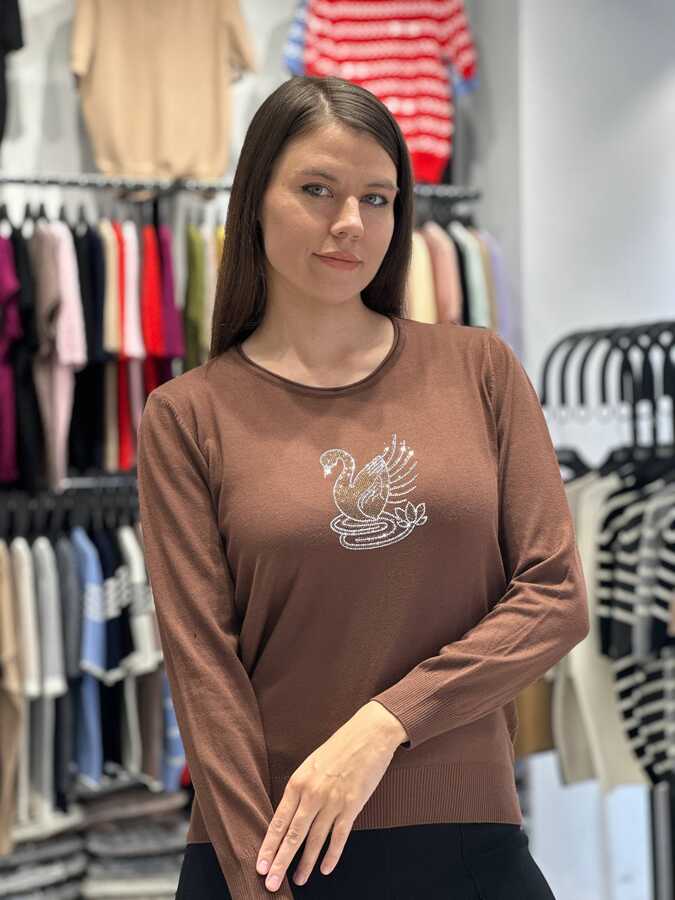 Reel Triko - Pull en maille pour femme en gros - Broderie cygne - Beige - 32904 | REEL TRİKO