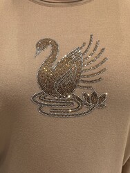 Pull en maille pour femme, beige, brodé de cygnes - 32904 | REEL TRİKO - Thumbnail