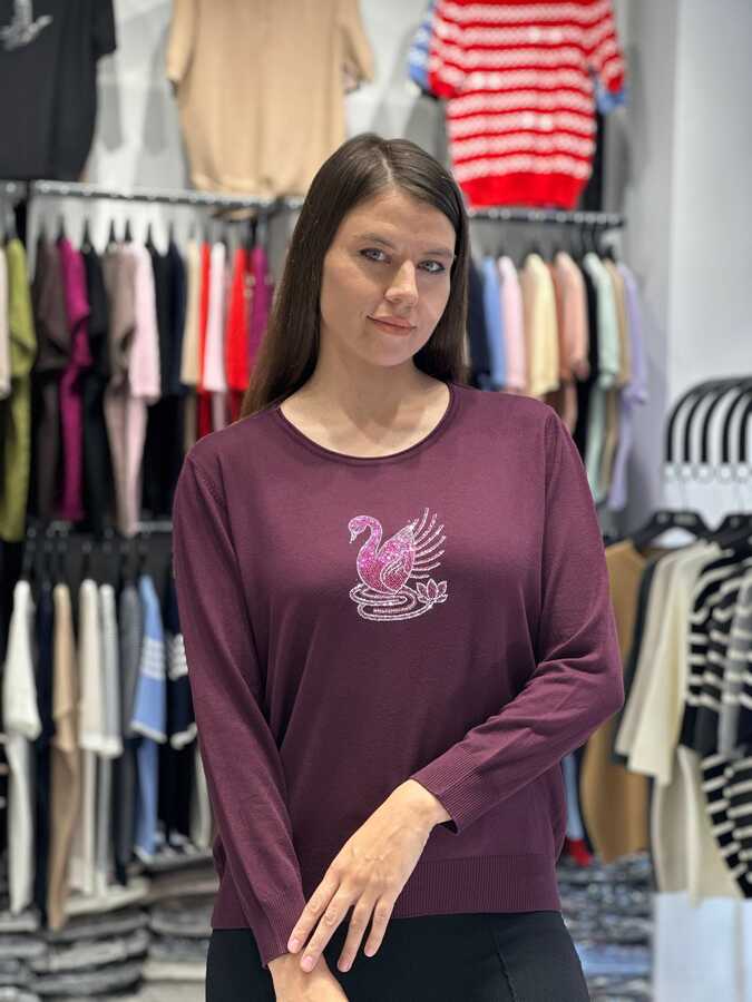 Reel Triko - Pull en maille pour femme avec broderie cygne, violet - 32904 | REEL TRİKO