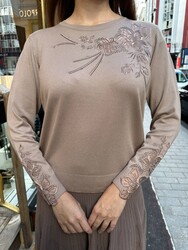 Pull en maille pour femme en gros - Broderie florale - Vison - 32164 | REEL TRİKO - Thumbnail