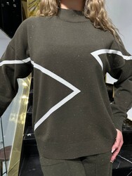 Pull en maille pour femme avec paillettes, kaki - 32909 | REEL TRİKO - Thumbnail
