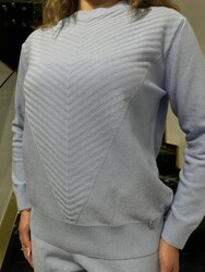 Pull en maille pour femme avec logo, bleu clair - 32896 | REEL TRİKO - Thumbnail