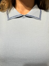 Pull en maille à manches courtes pour femme, bleu - 32559 | REEL TRİKO - Thumbnail