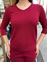 Pull en maille à manches courtes pour femme, bordeaux - 31515 | REEL TRİKO - Thumbnail