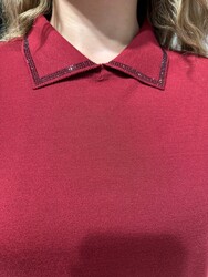 Pull en maille pour femme en gros - Manches courtes - Bordeaux - 32559 | REEL TRİKO - Thumbnail