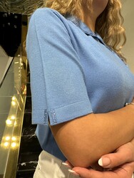Pull en maille pour femme en gros - Manches courtes indigo - 32559 | REEL TRİKO - Thumbnail