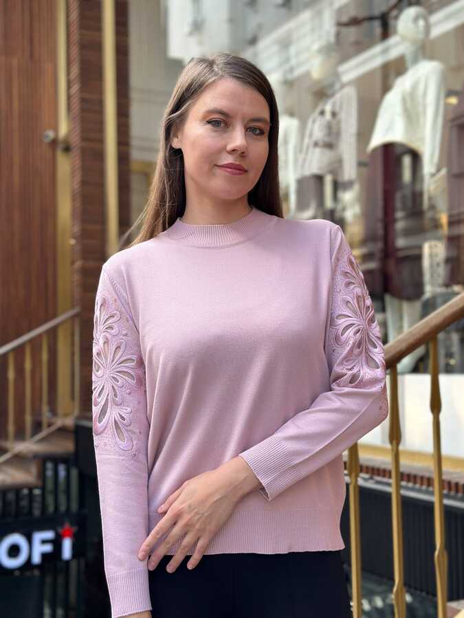 Reel Triko - Pull en maille pour femme en gros - Détails aux manches - Rose - 32984 | REEL TRİKO