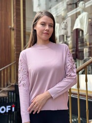 Pull en maille pour femme en gros - Détails aux manches - Rose - 32984 | REEL TRİKO - Thumbnail