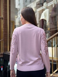 Pull en maille pour femme en gros - Détails aux manches - Rose - 32984 | REEL TRİKO - Thumbnail