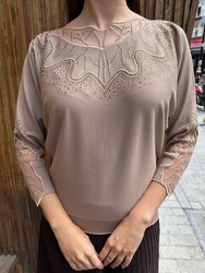 Pull en maille pour femme en gros - Orné de pierres - Beige - 32988 | REEL TRİKO - Thumbnail