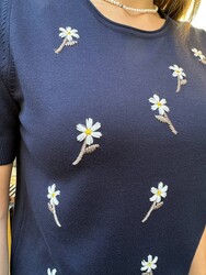 Pull en maille pour femme, broderie florale, bleu marine - 32848 | REEL TRİKO - Thumbnail