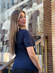 Pull en maille pour femme, broderie florale, bleu marine - 32848 | REEL TRİKO - Thumbnail