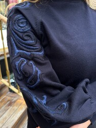 Pull en maille pour femme, bleu marine, manches détaillées - 32126 | REEL TRİKO - Thumbnail