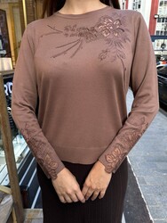 Pull en maille pour femme en gros - Broderie florale - Tons naturels - 32164 | REEL TRİKO - Thumbnail