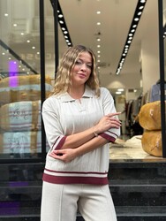 Pull polo en maille écru pour femme, col polo, vente en gros - 32897 | REEL TRİKO - 2