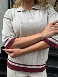 Pull polo en maille écru pour femme, col polo, vente en gros - 32897 | REEL TRİKO - 3