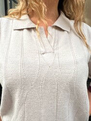 Pull polo en maille écru pour femme, col polo, vente en gros - 32897 | REEL TRİKO - 4