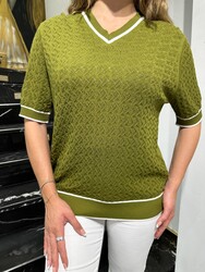 Pulls en maille pour femmes en gros - Col V - Vert gazon - 32588 | REEL TRİKO - Thumbnail