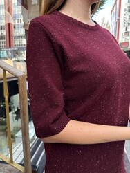 Pull en maille pour femme en gros - Prune pailletée - 32059 | REEL TRİKO - Thumbnail