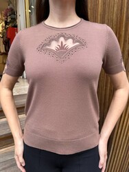 Pull en maille pour femme en gros - Détail en tulle - Tons naturels - 32920 | REEL TRİKO - Thumbnail
