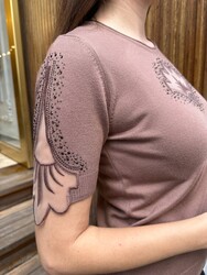 Pull en maille pour femme en gros - Détail en tulle - Tons naturels - 32920 | REEL TRİKO - Thumbnail