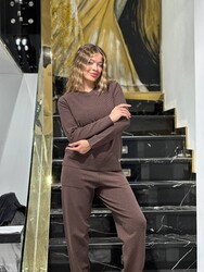 Pull en maille pour femme avec logo, marron - 32896 | REEL TRİKO - Thumbnail