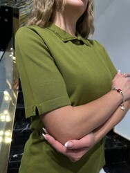 Pull en maille pour femme en gros - Manches courtes - Vert gazon - 32559 | REEL TRİKO - Thumbnail
