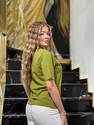 Pull en maille pour femme en gros - Manches courtes - Vert gazon - 32559 | REEL TRİKO - Thumbnail