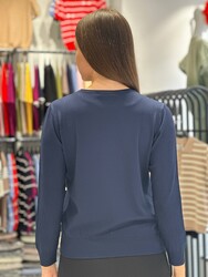 Jersey de punto para mujer al por mayor - Bordado de cisne - Azul marino - 32904 | REEL TRİKO - Thumbnail