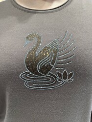 Jersey de punto para mujer al por mayor con bordado de cisne, color visón - 32904 | REEL TRİKO - Thumbnail