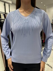Jersey de punto azul con cuello en V para mujer al por mayor - 32609 | REEL TRİKO - Thumbnail