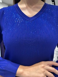 Jersey de punto para mujer con cuello en V, azul marino, venta al por mayor - 32609 | REEL TRİKO - Thumbnail
