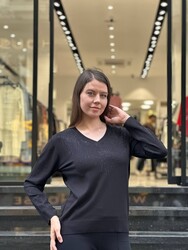 Jersey de punto negro con cuello en V para mujer al por mayor - 32609 | REEL TRİKO - Thumbnail