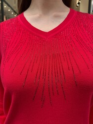 Jersey de punto para mujer al por mayor - Cuello en V - Rojo - 32609 | REEL TRİKO - Thumbnail