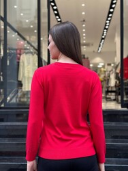 Jersey de punto para mujer al por mayor - Cuello en V - Rojo - 32609 | REEL TRİKO - Thumbnail
