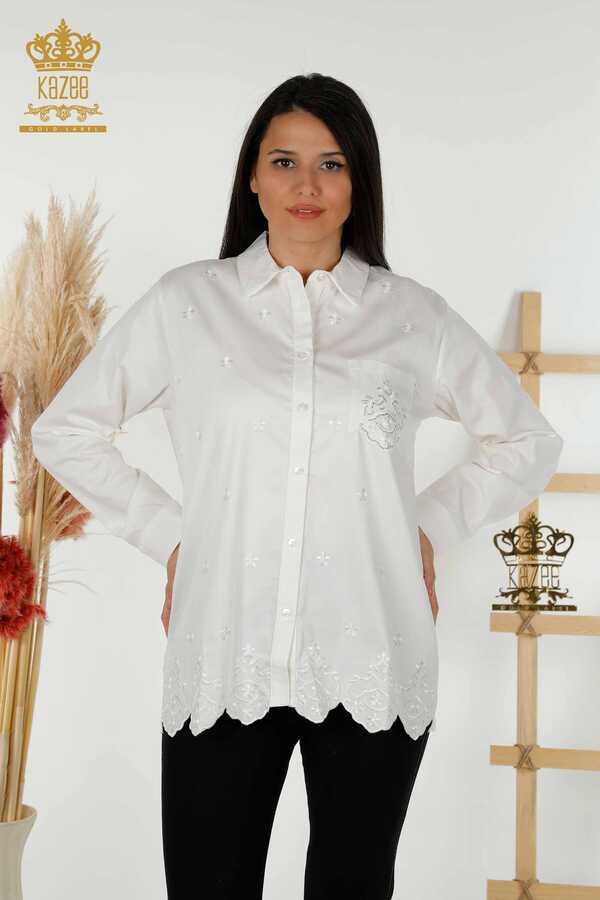 Reel Tekstil - Chemises en tissu de coton lycra avec broderie de fleurs Fabricant de vêtements pour femmes - 20412 | Vrai textile