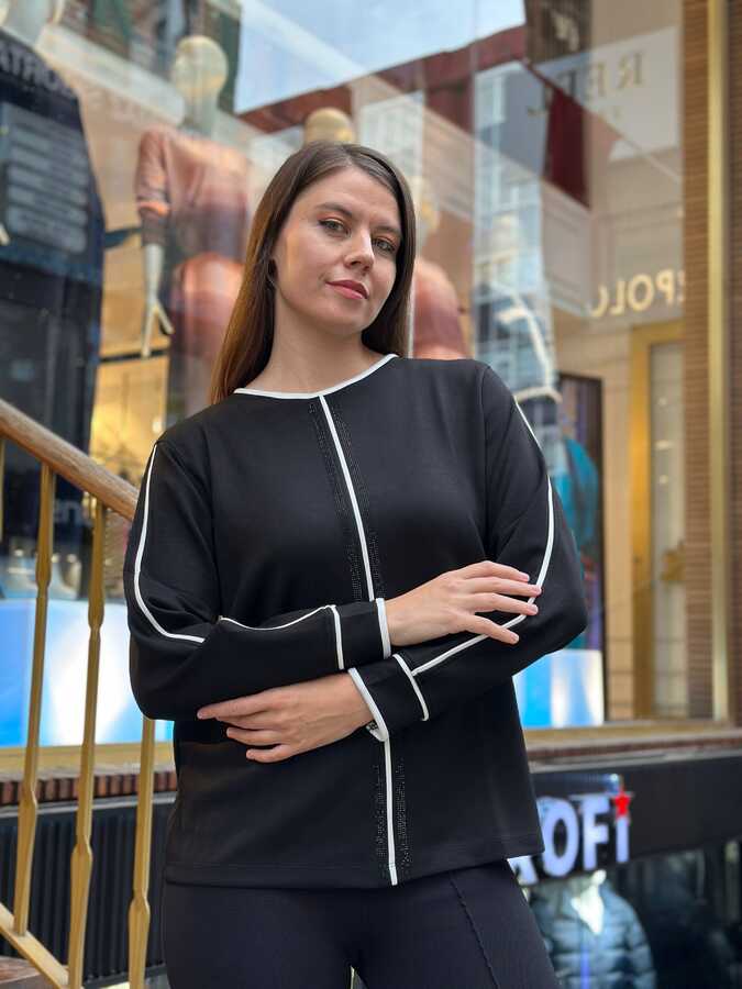 Reel Triko - Toptan Kadın Sweatshirt Çizgili Siyah - 2243 | REEL TRİKO