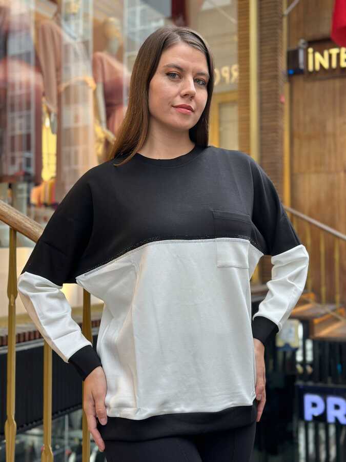 Reel Triko - Toptan Kadın Sweatshirt İki Renk Ekru Siyah - 2311 | REEL TRİKO