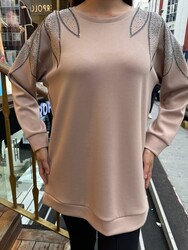 Toptan Kadın Sweatshirt Omuz Detaylı Pudra - 17854 | REEL TRİKO - Thumbnail