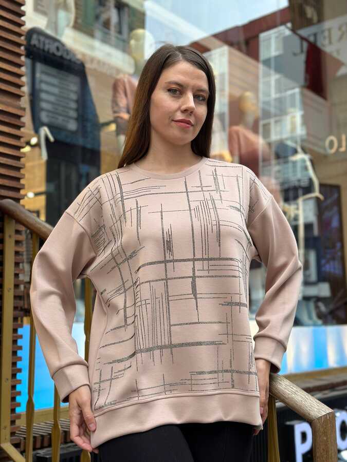Reel Triko - Toptan Kadın Sweatshirt Uzun Kol Pudra - 17856 | REEL TRİKO