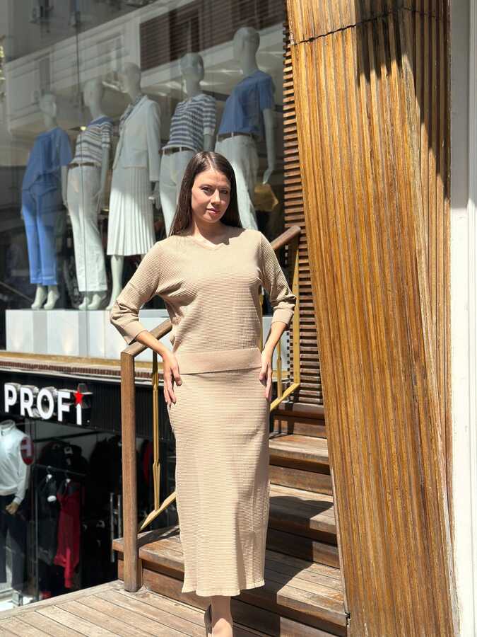 Reel Triko - Toptan Kadın Triko Etek Basic Bej - 32598 | REEL TRİKO